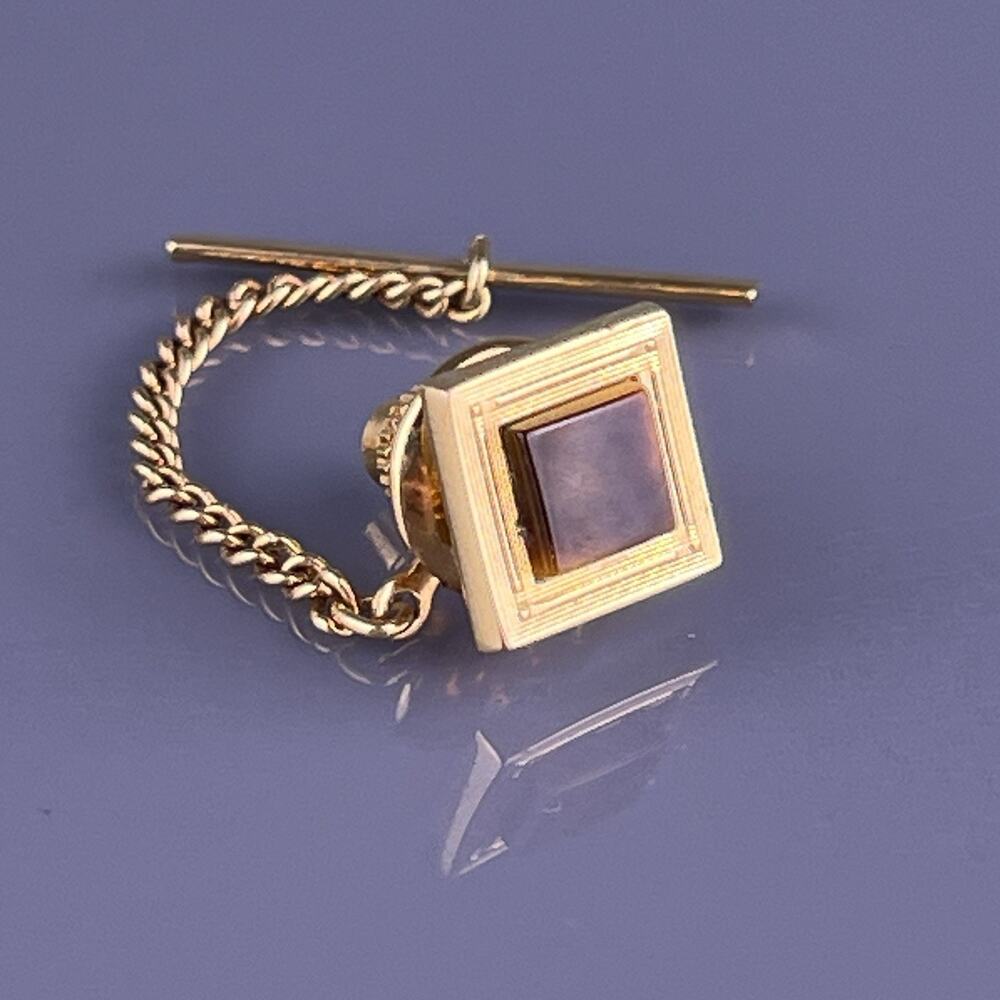 Square Tigers Eye Tie Tack Pin Gold Tone Simple Formal Brown Vintage